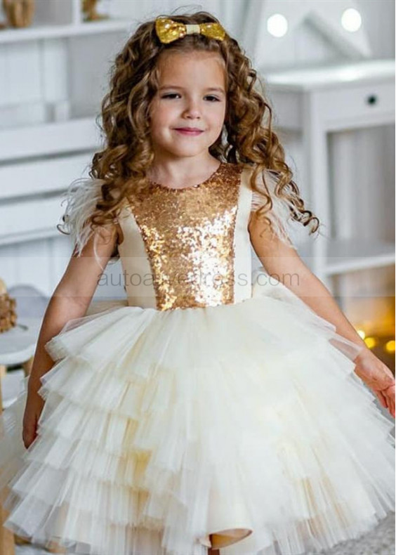 Gold Sequin Ivory Tiered Tulle Flower Girl Dress